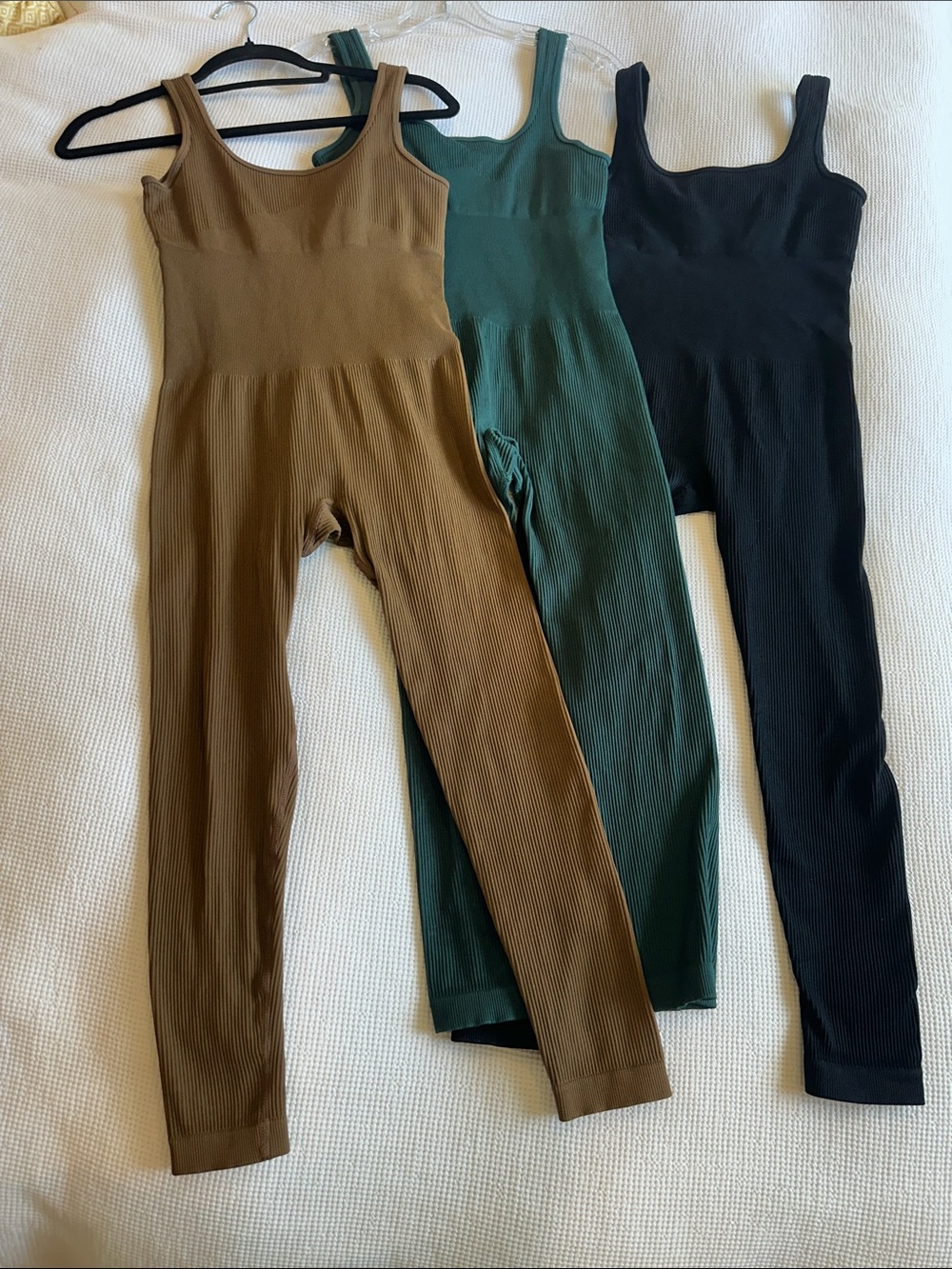 Set of 3 Ribbed Scoop-Neck Jumpsuits — Brown, Green, Black